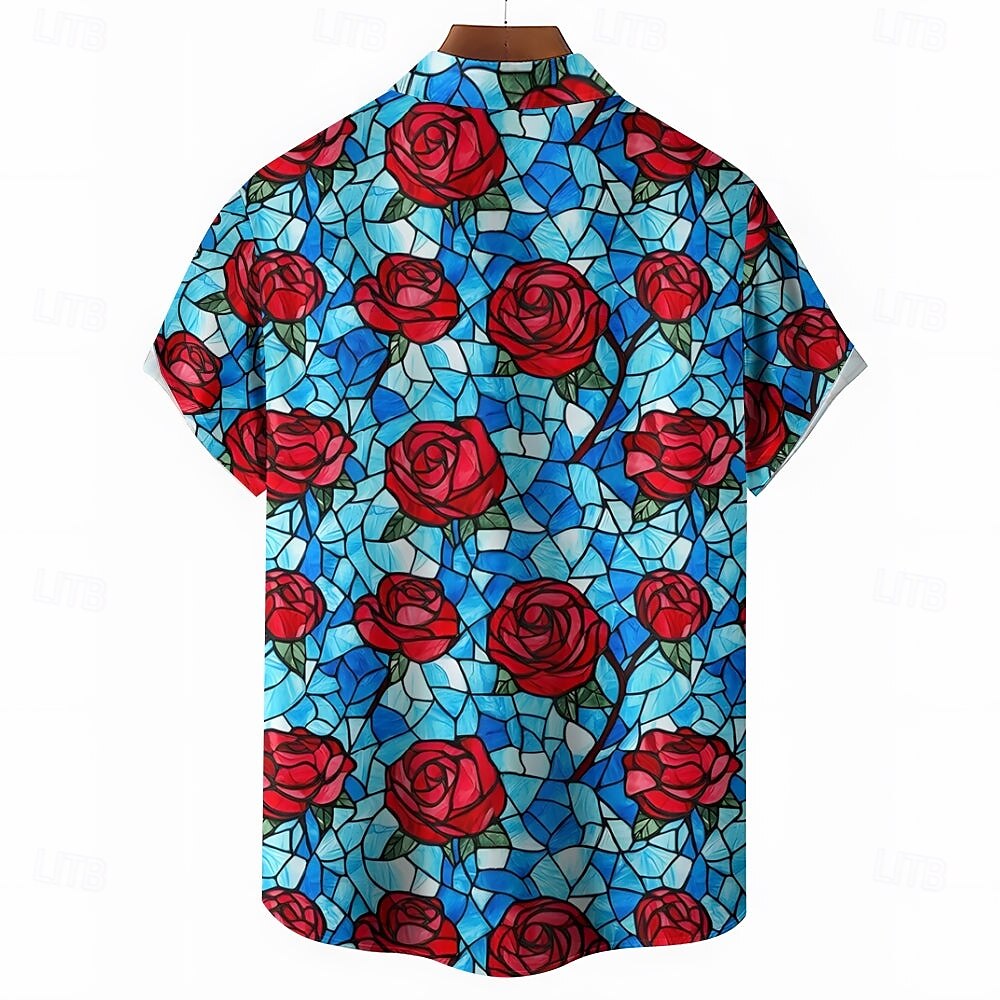 Camisa informal con botones y manga corta con estampado de rosas para San Valentín