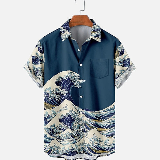 Camisa hawaiana de verano con estampado de olas y paisaje marino