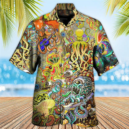 Camisa hawaiana de verano con pulpo y guitarra tropical Camisa Aloha