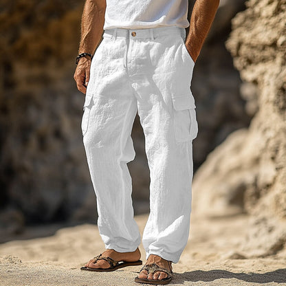 Linen Multi-Pocket Straight-Leg Pants