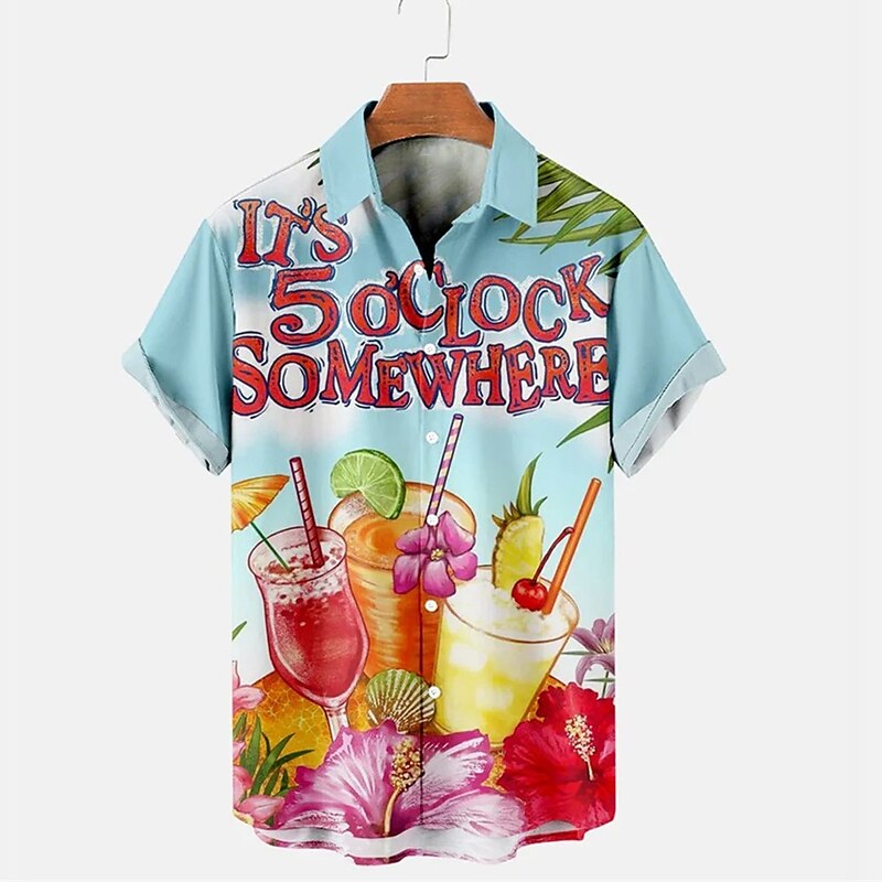 Camisa hawaiana de verano con letras de árbol de coco y bebida