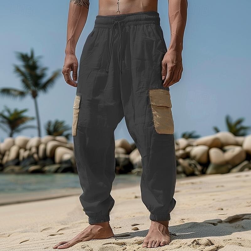 Multi-Pocket Linen Drawstring Pants