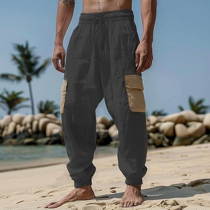 Multi-Pocket Linen Drawstring Pants