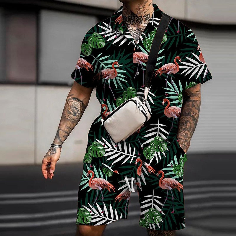 Floral Flamingo Tropical Hawaiian Shirt Set