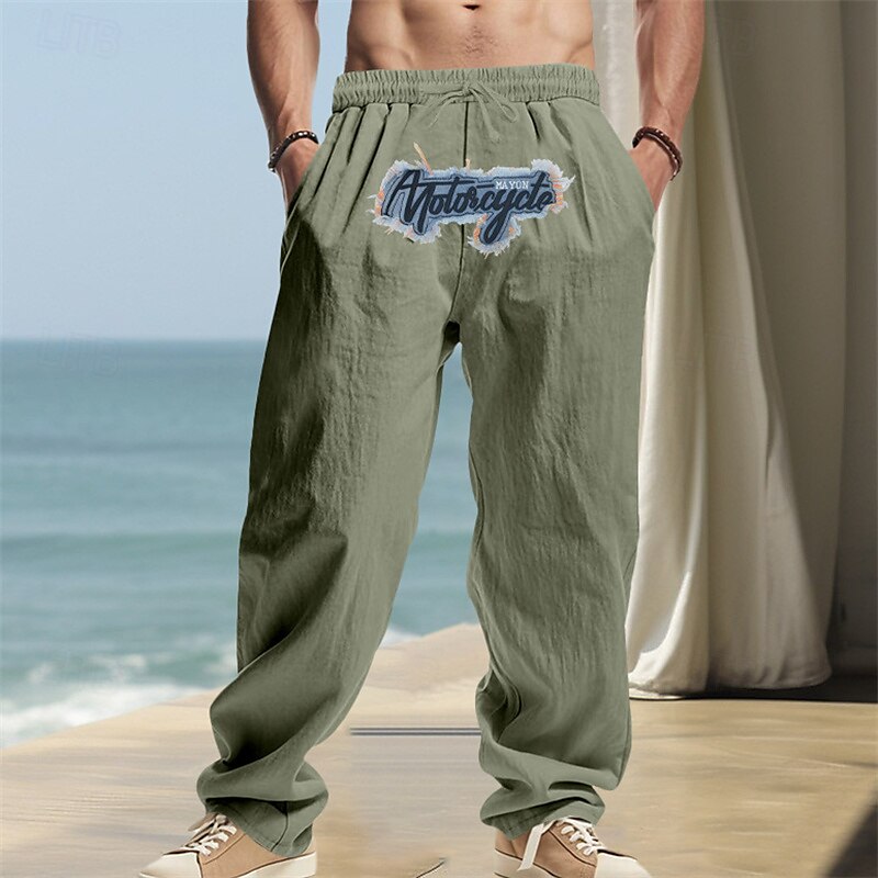 Embroidered Linen Drawstring Beach Pants