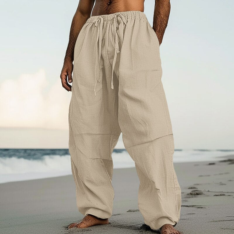 Pleated Linen Drawstring Beach Pants