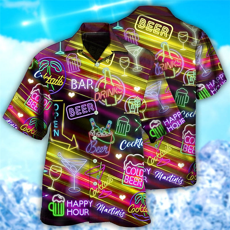 Camisa hawaiana de verano con letras de cerveza de colores