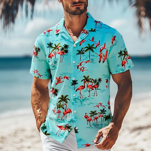 Camisa hawaiana de verano con diseño de flamenco y cocotero