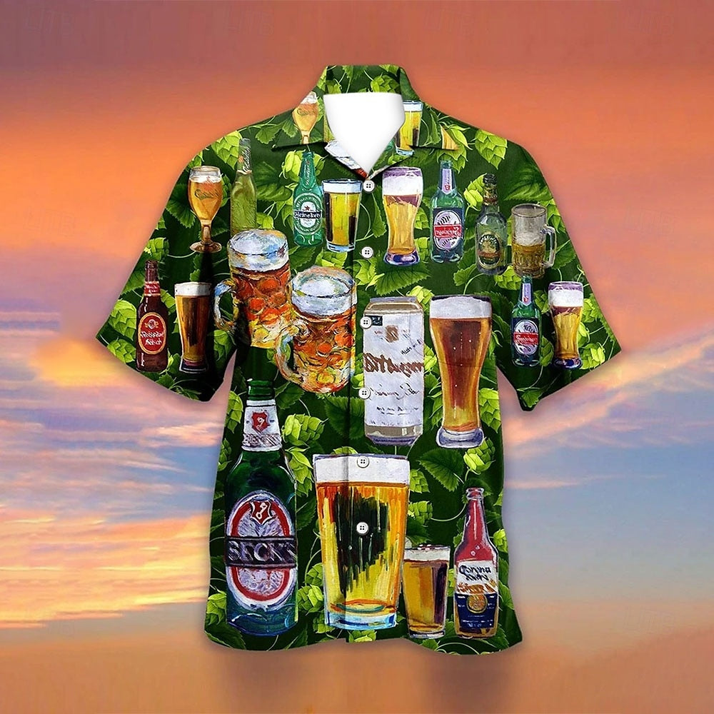 Camisa de cerveza con estampados gráficos Camisa hawaiana de verano Camisa Aloha