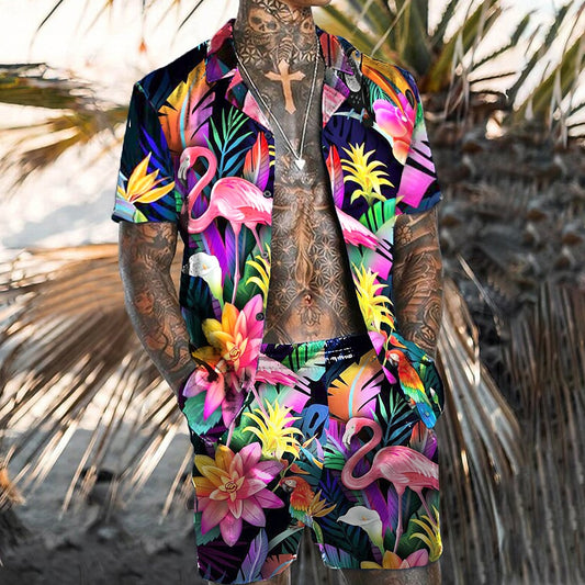 Floral Flamingo Pattern Hawaiian Shirt Set