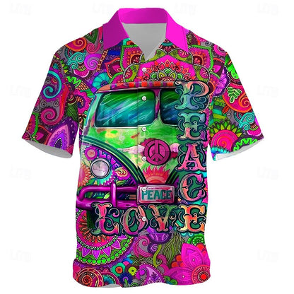 Camisa de autobús hippie Camisa hawaiana de verano Camisa Aloha Camisa de manga corta