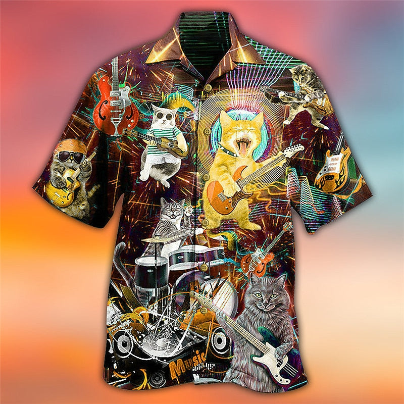 Camisa hawaiana de verano con diseño de gato y guitarra, camisa hawaiana de manga corta