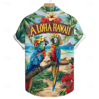 Camisa hawaiana de verano con diseño de pájaros, loros, flores y plantas, camisa hawaiana de manga corta