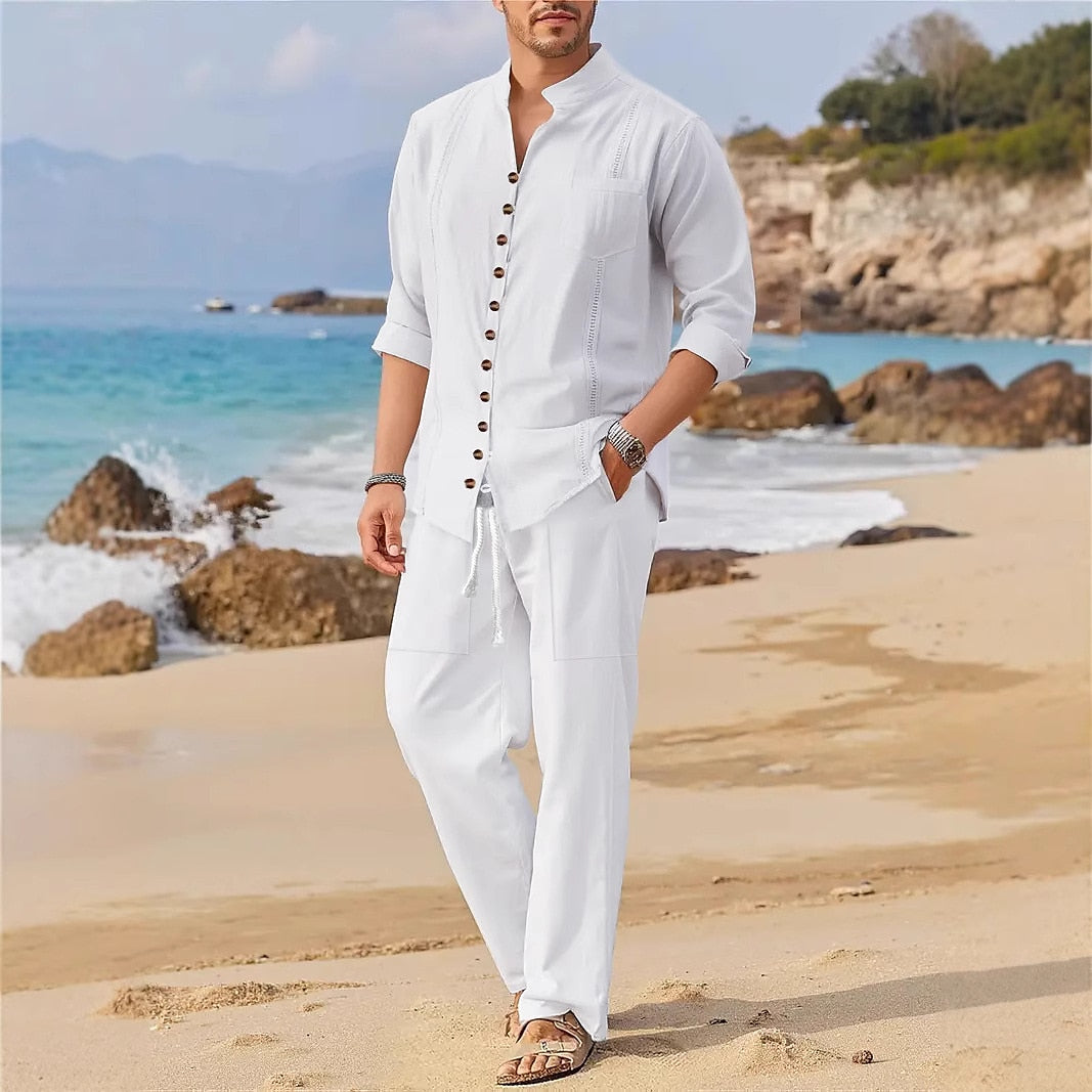 Solid color linen shirt two-piece set