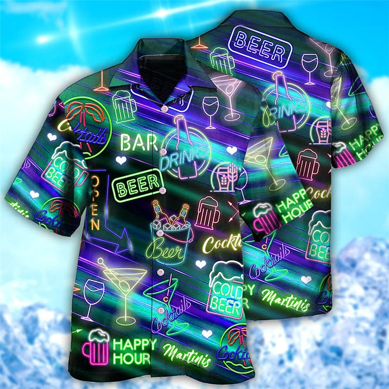 Camisa hawaiana de verano con letras de cerveza de colores