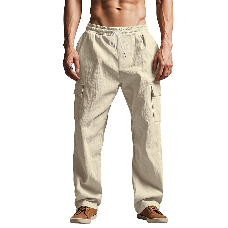Linen Cargo Straight-Leg Pants