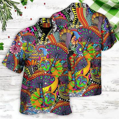 Camisa hippie hawaiana con hongos coloridos