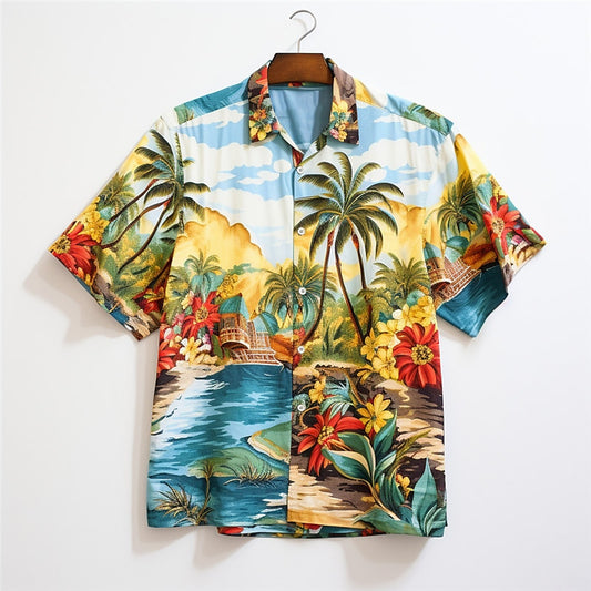 Camisa hawaiana de verano con estampado de paisaje marino y cocotero