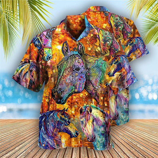 Camisa hawaiana de verano con botones y diseño de carreras de caballos