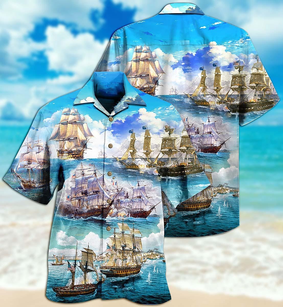 Camisa hawaiana de verano con estampado de paisaje marino y barco