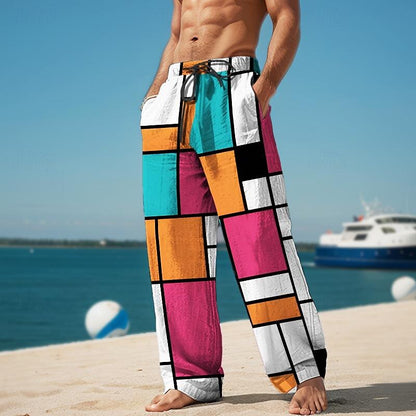 Plaid Color Block Resort 3D Printed Casual Pants