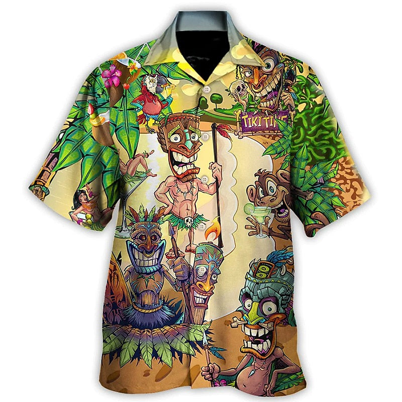 Camisa hawaiana de verano con máscara de dibujos animados y plantas tropicales