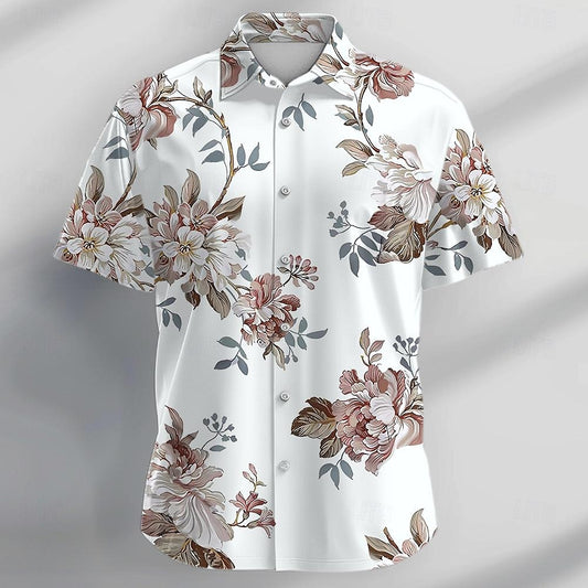 Camisa hawaiana de verano con botones y flores tropicales y rosas