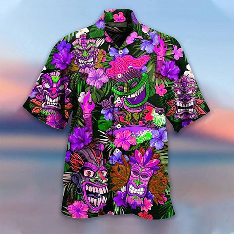 Camisa hawaiana de verano con máscara de dibujos animados y plantas tropicales