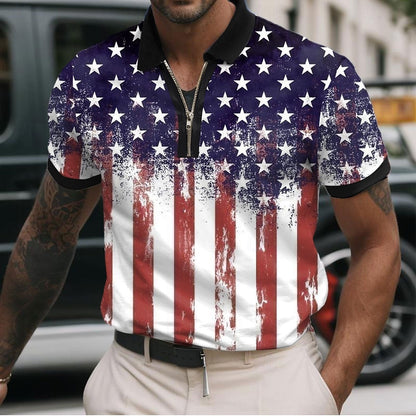 American Flag 3D Zip Polo Shirt