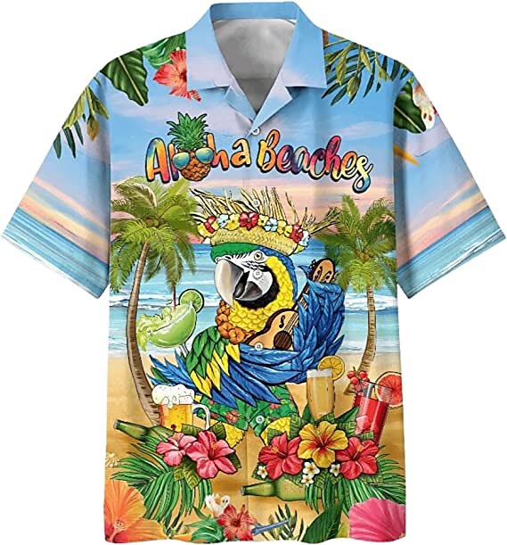 Camisa hawaiana de verano con letras de árbol de coco y bebida