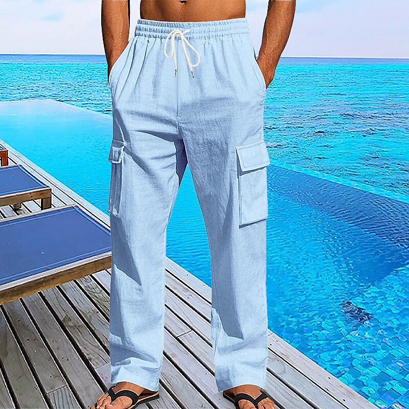 Linen Cargo Straight-Leg Pants