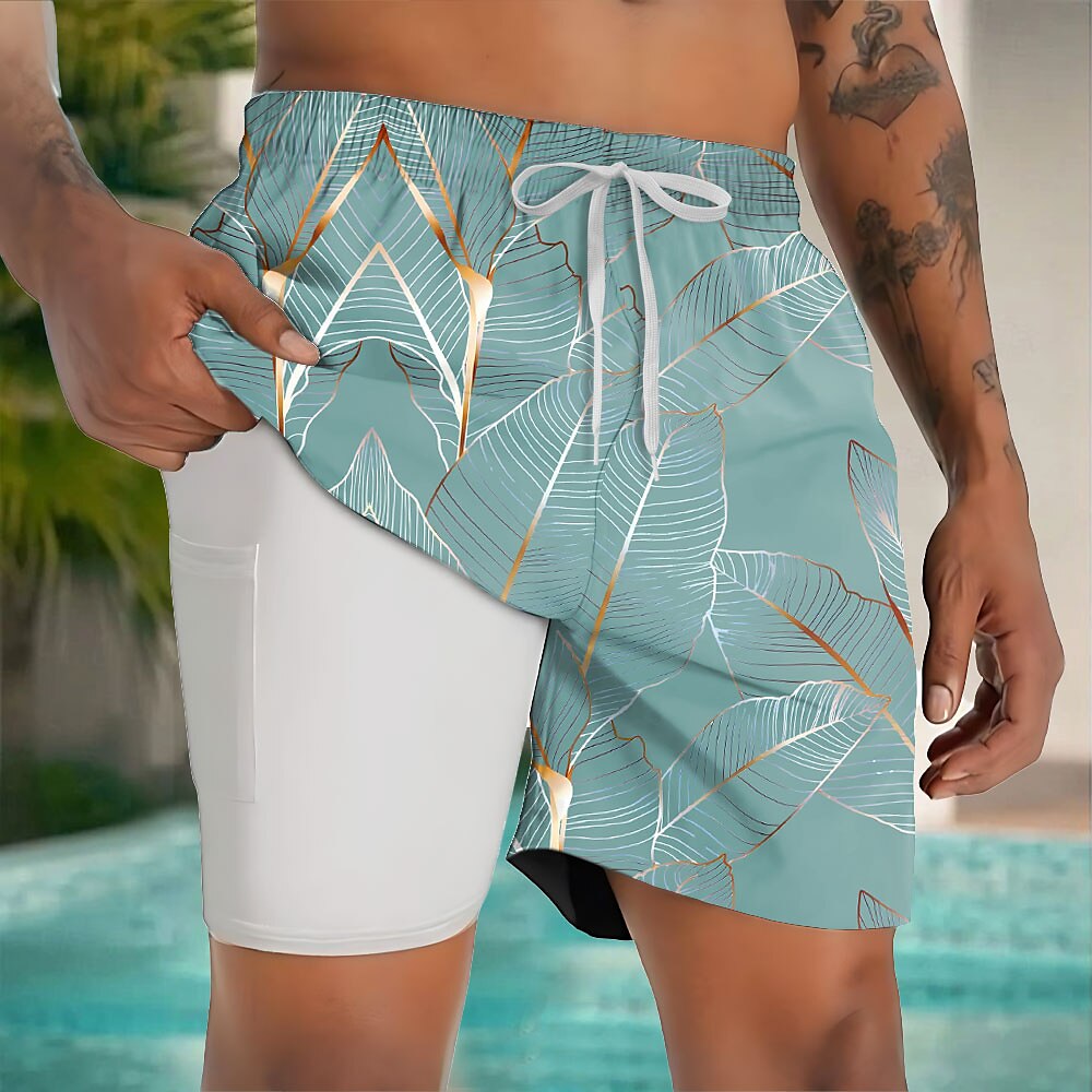 Palm Leaf 2-in-1 Board Shorts with Compression Liner