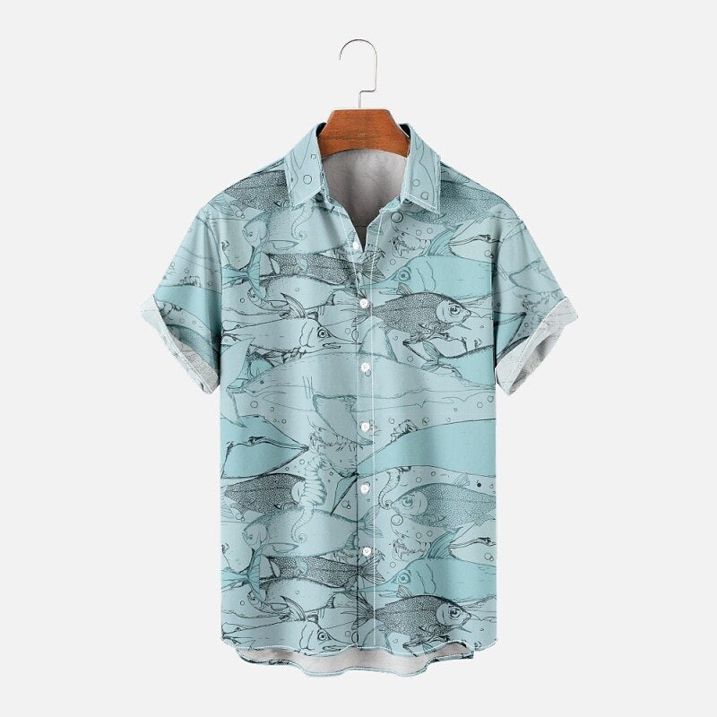 Camisa hawaiana de verano con estampado de animales y peces tropicales