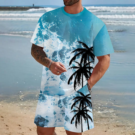 Ocean Waves Coconut Palm Summer Shirt Set