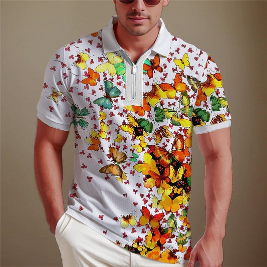 3D Butterfly Hawaiian Zip Polo