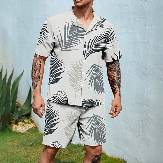 Graphic Leaves 2-Piece Cuban Shirt Set