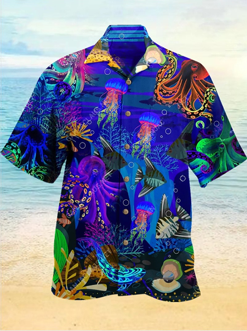 Shark Fish Palm Tree Camp Collar Shirt