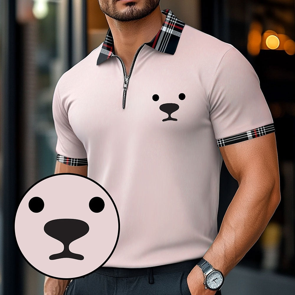 Dog Print Zip Polo Shirt Casual Summer Wear