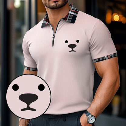 Dog Print Zip Polo Shirt Casual Summer Wear