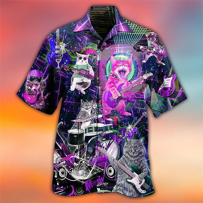 Camisa hawaiana de verano con diseño de gato y guitarra, camisa hawaiana de manga corta