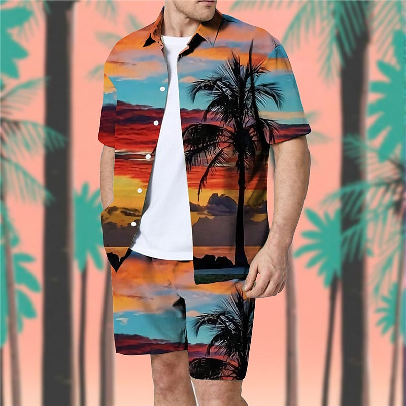 Coconut Tree Pattern Printed Sunset Shirt Set