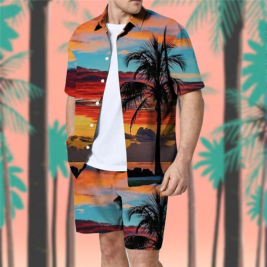 Coconut Tree Pattern Printed Sunset Shirt Set