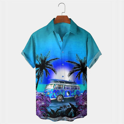 Camiseta con plantas tropicales, coche y cocotero