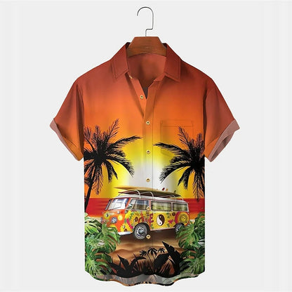 Camiseta con plantas tropicales, coche y cocotero