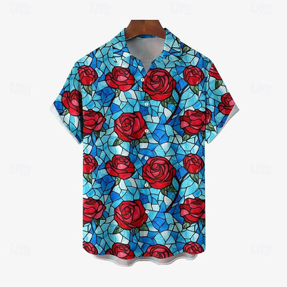 Camisa informal con botones y manga corta con estampado de rosas para San Valentín