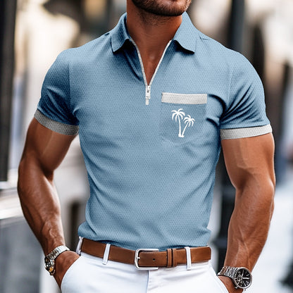 Palm Tree Zip Summer Casual Polo Shirt