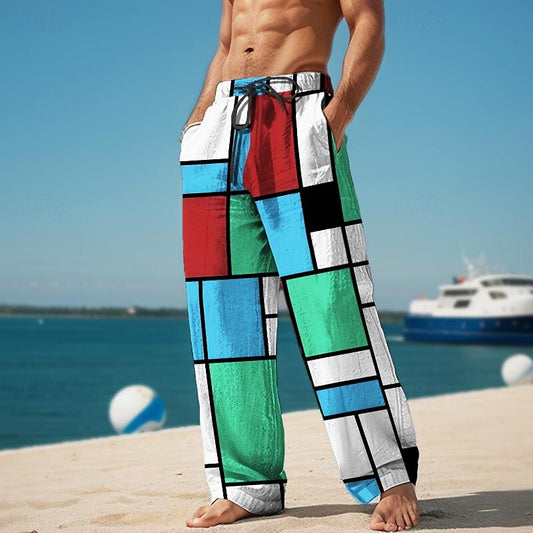 Pantalones casuales con estampado 3D de bloques de colores a cuadros