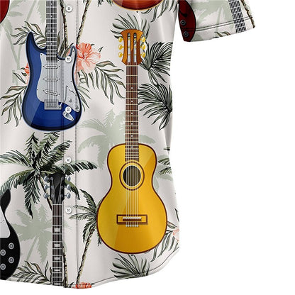 Camisa hawaiana de verano con notas musicales de guitarra, camisa abotonada de manga corta