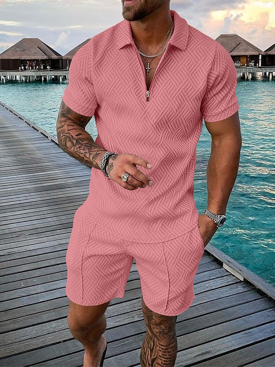 Solid color textured polo shirt set