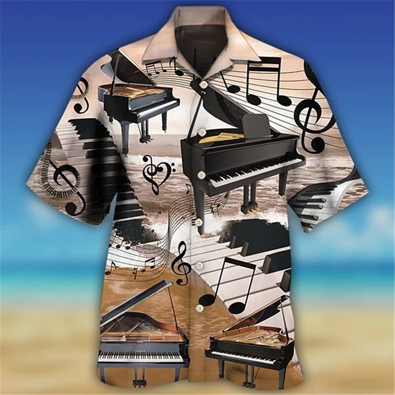 Camisa de notas musicales con instrumentos musicales Camisa hawaiana de verano Camisa abotonada